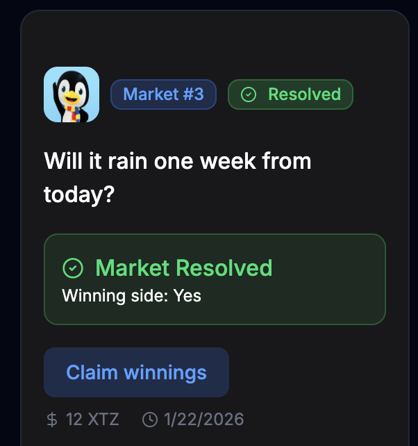 The resolution card, showing the resolved market and the winning outcome